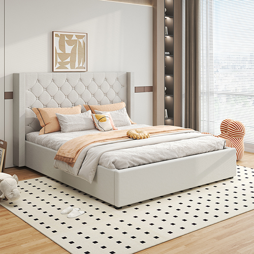 Veronica Winged Grey Linen Fabric Seam Grid Pattern Gas Lift Metal Bed Frame in Multiple Sizes